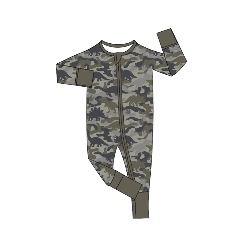 (Preorder new) No moq Baby Kids Camo Dinosaur Print Clothing Set Toddler Long Sleeve Top Hoodie And Zipper Romper Outfit