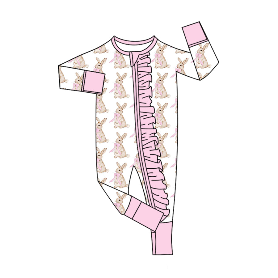 (Preorder new) No moq Baby Girls Pink Bunny Print Bamboo Pajama Set Ruffle Half Zip Sleepwear Minky Blanket
