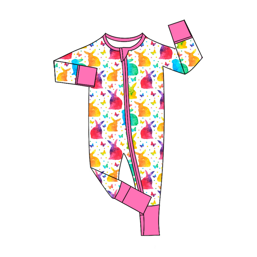 (Preorder new) No moq Baby Girls Rainbow Watercolor Bunny Print Long Sleeve Pants Zipper Romper Set