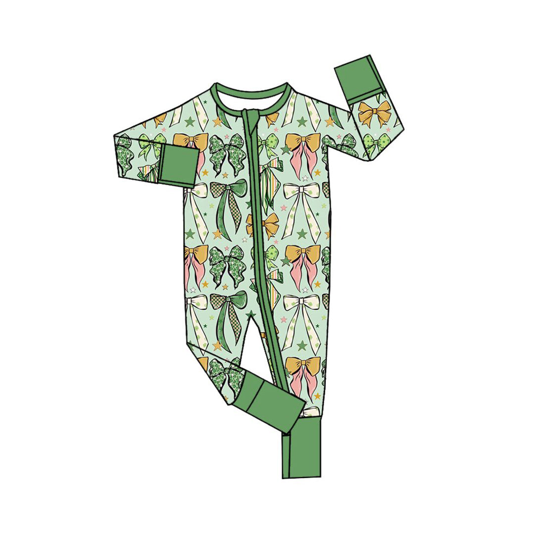(Preorder new) No moq Baby Girls Green Bow Print Long Sleeve Pajama Sweatshirt Pants Zipper Romper Outfit