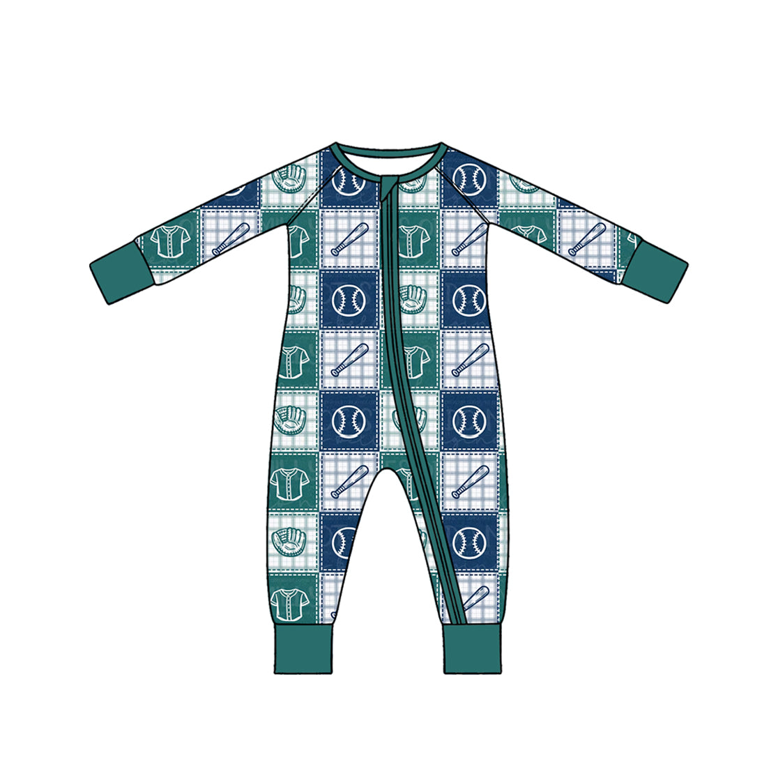 (Preorder new) No moq Baby Boys Green Navy Plaid Baseball Patchwork Zipper Romper And Long Sleeve Pajama Set
