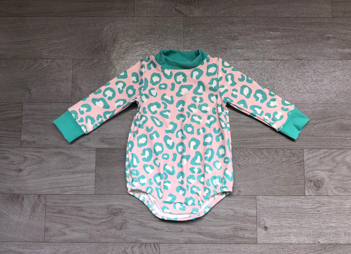 (Sample) No moq milk silk LR3389 High Neck Baby Girls Pink Blue Leopard Long Sleeve Choker Casual Rompers