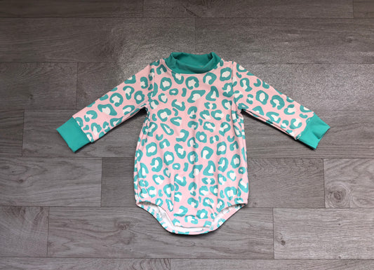 (Sample) No moq milk silk LR3389 High Neck Baby Girls Pink Blue Leopard Long Sleeve Choker Casual Rompers