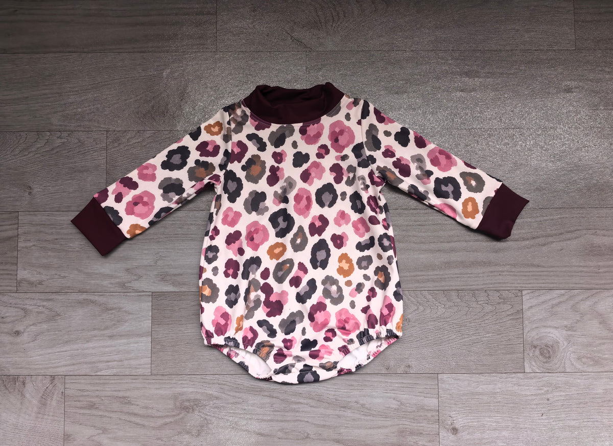 (Sample) No moq milk silk LR3390 High Neck Baby Girls Maroon Green Leopard Long Sleeve Choker Casual Rompers