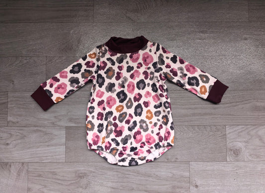 (Sample) No moq milk silk LR3390 High Neck Baby Girls Maroon Green Leopard Long Sleeve Choker Casual Rompers