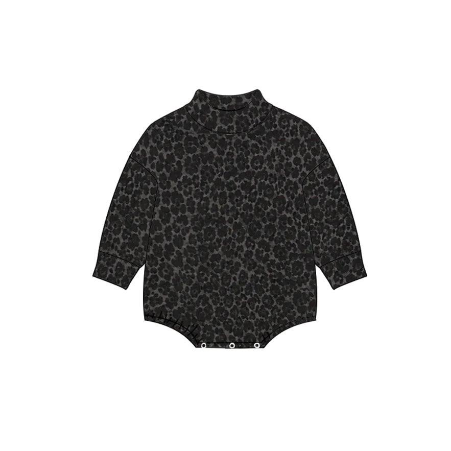 (Preorder new) No moq High Neck Baby Girls Dark Grey Leopard Print Mock Neck Long Sleeve Sweatshirt And Romper