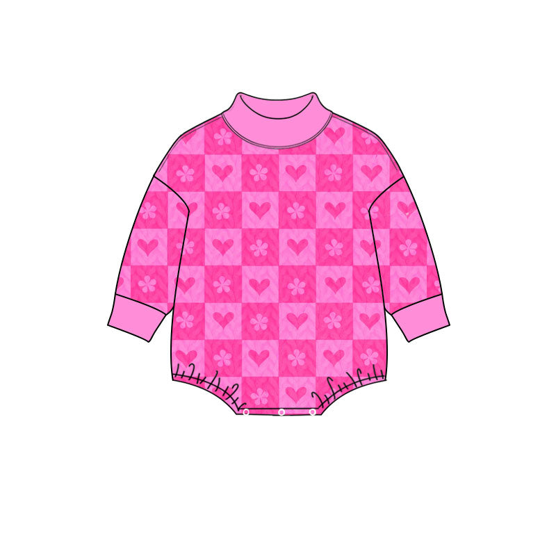 (Preorder new) No moq LR3399 High Neck Baby Girls Long Sleeve Flowers Hearts Valentines Choker Rompers