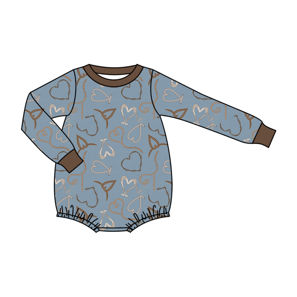 (Preorder new) No moq Baby Boys Blue Heart Print Half Zip Top Long Sleeve Tee Pant Set Rompers