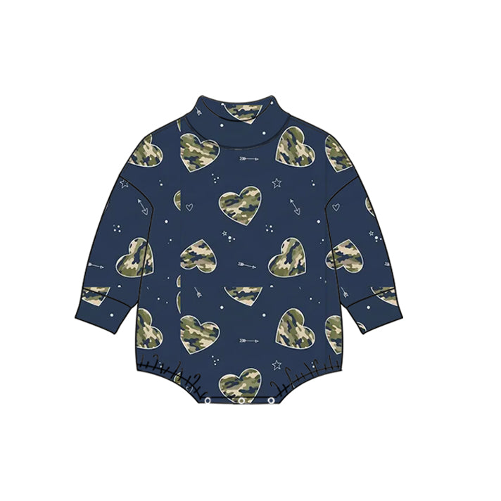 (Preorder new) No moq High Neck Baby Girls Navy Camo Heart Print Mock Neck Long Sleeve Sweatshirt And Romper