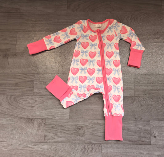 (Sample) No moq milk silk LR3408 Baby Girls Pink Blue Bows Hearts Valentines Print Two Way Zip Convertible Rompers