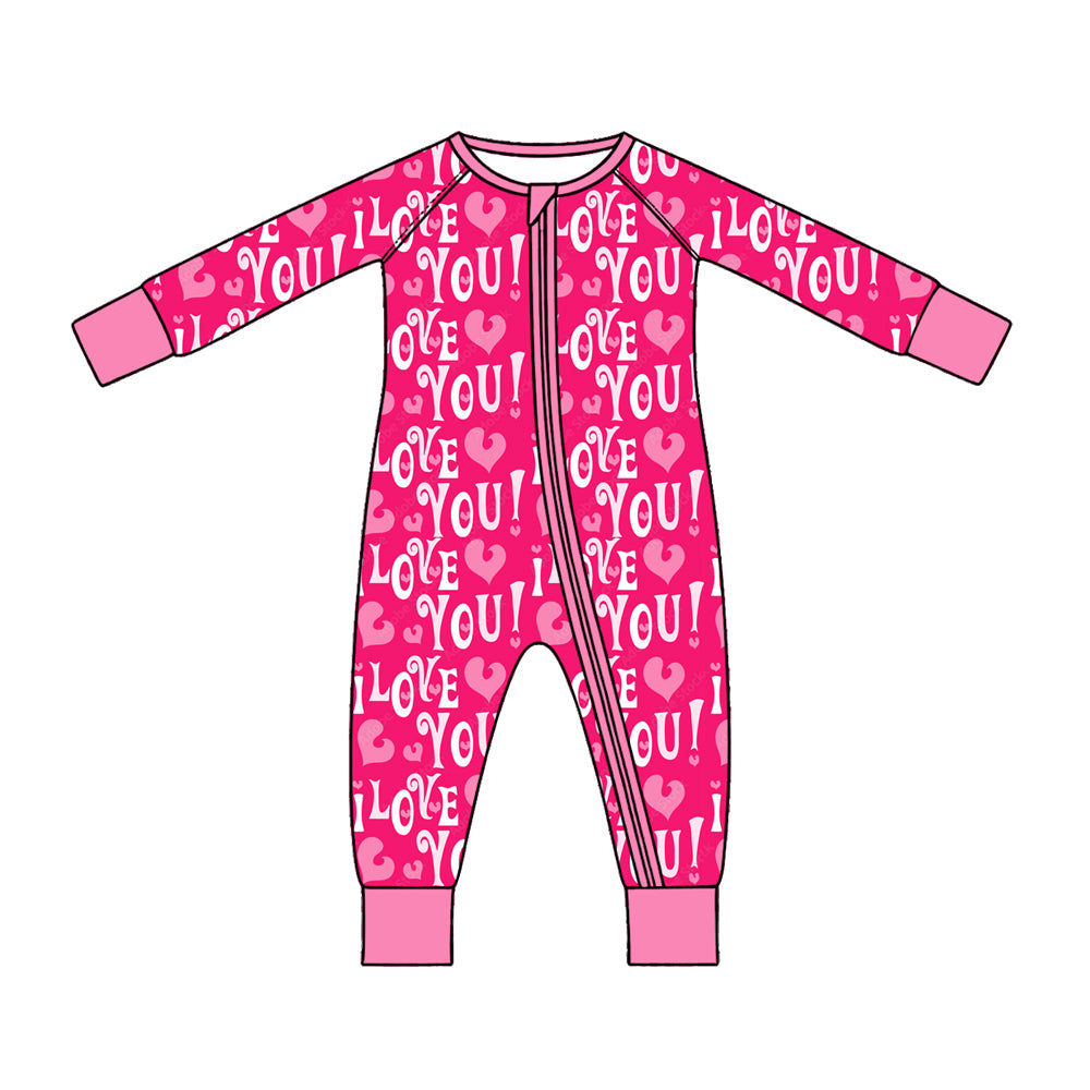 (Preorder new) No moq Baby Girls Pink I Love You Heart Print Long Sleeve Zipper Romper And Top Pant Pajama Set