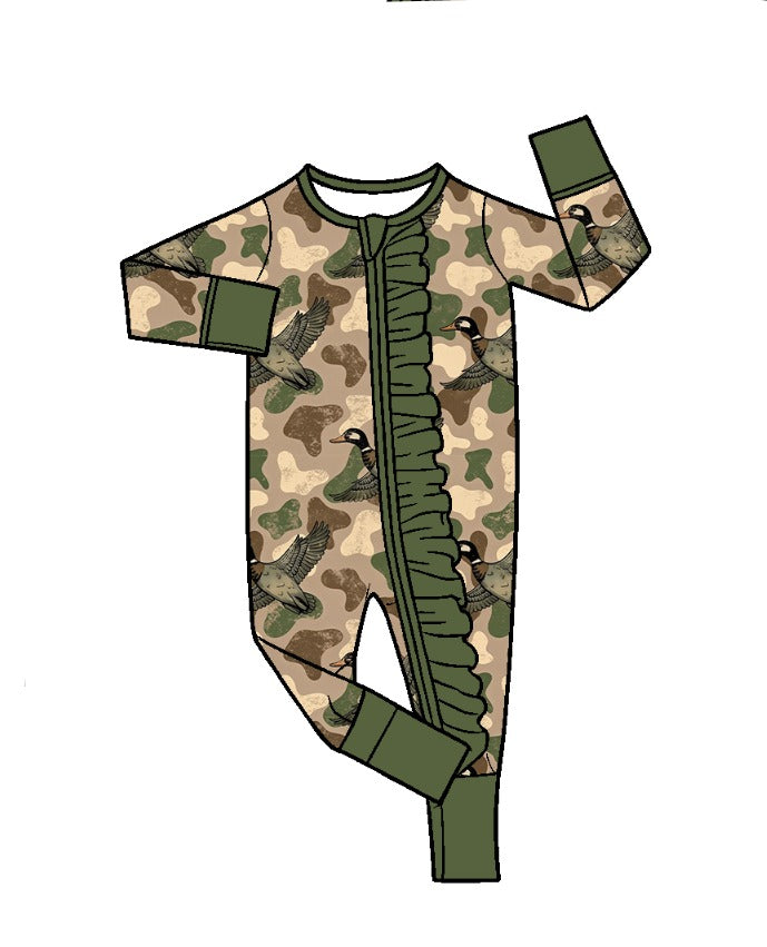 (Preorder new) No moq Baby Girls Green Camo Ducks Print Pajamas Set Yoga Short Bows Ruffle Knee Length Dress Ruffle Zipper Romper