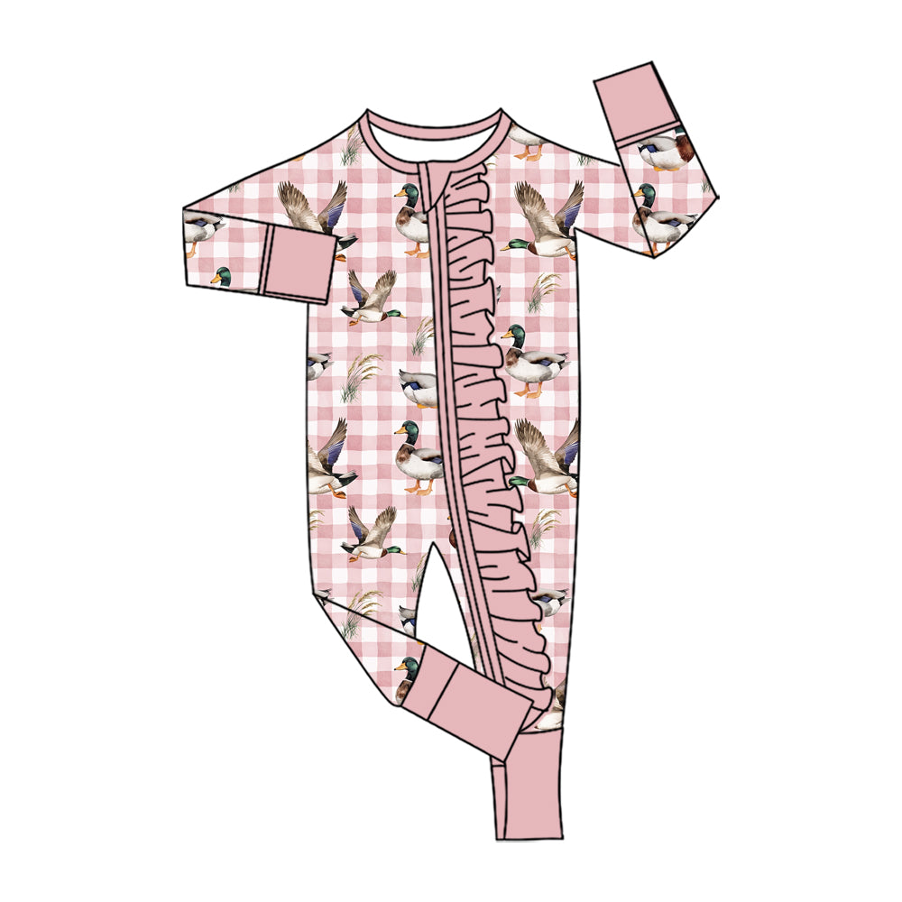 (Preorder new) No moq Baby Girls Pink Gingham Duck Print Ruffle Pajama Set And Zip Romper