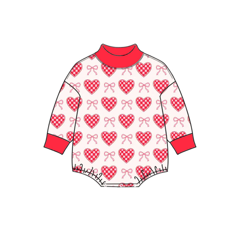 (Preorder new) No moq High Neck Baby Girls Valentines Red Gingham Heart Bow Print Mock Neck Long Sleeve Top Leggings Yoga Sets Romper