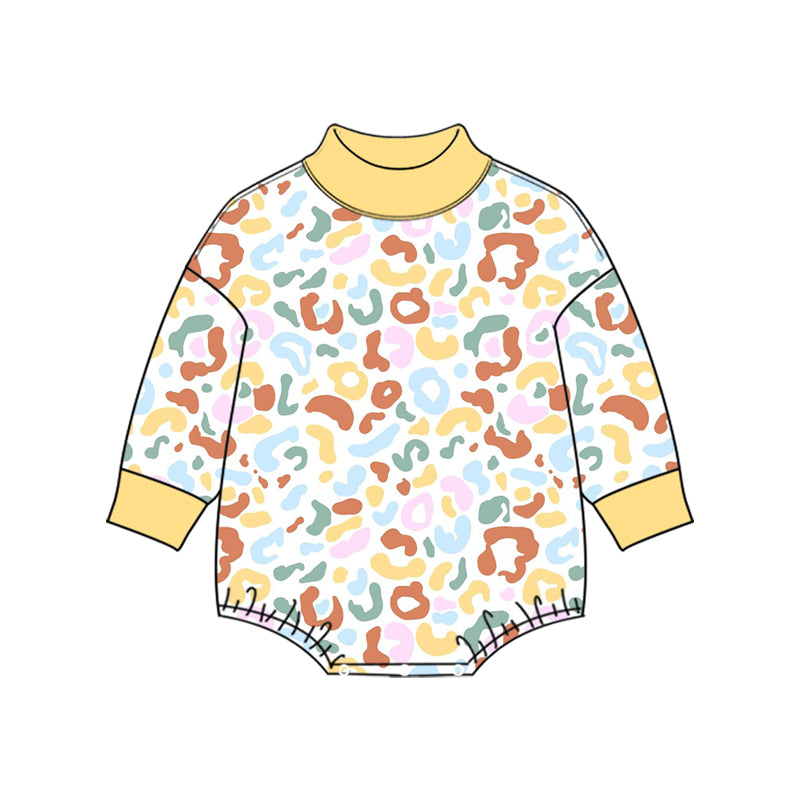 (Preorder new) No moq High Neck Baby Girls Colorful Leopard Print Long Sleeve Bubble Romper