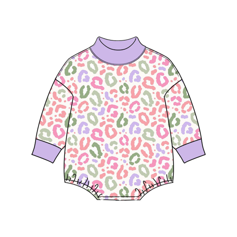 (Preorder new) No moq High Neck Baby Girls Colorful Leopard Print Long Sleeve Bubble Romper