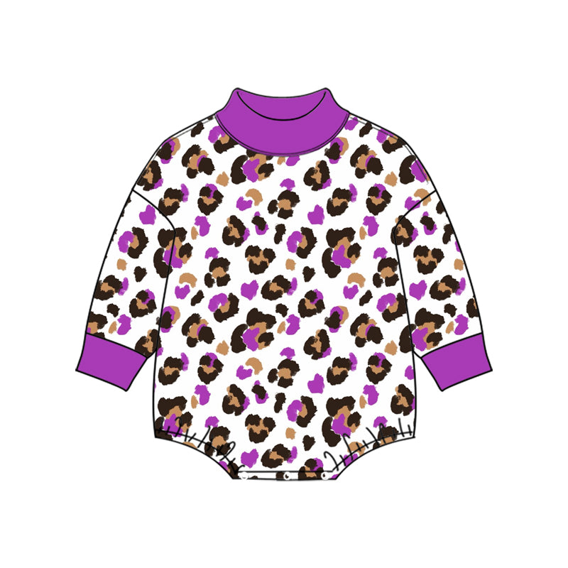 (Preorder new) No moq High Neck Baby Girls Colorful Leopard Print Long Sleeve Bubble Romper