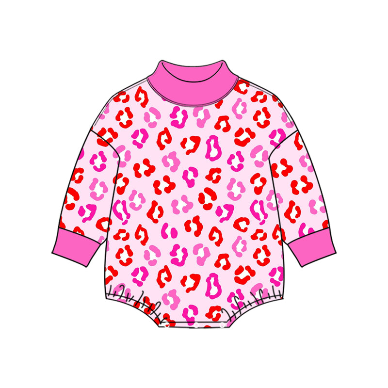 (Preorder new) No moq High Neck Baby Girls Colorful Leopard Print Long Sleeve Bubble Romper