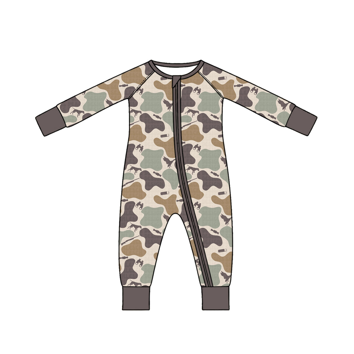 (Preorder new) No moq Baby Boys Duck Camo Zipper Romper And Long Sleeve Top Pant Pajama Set