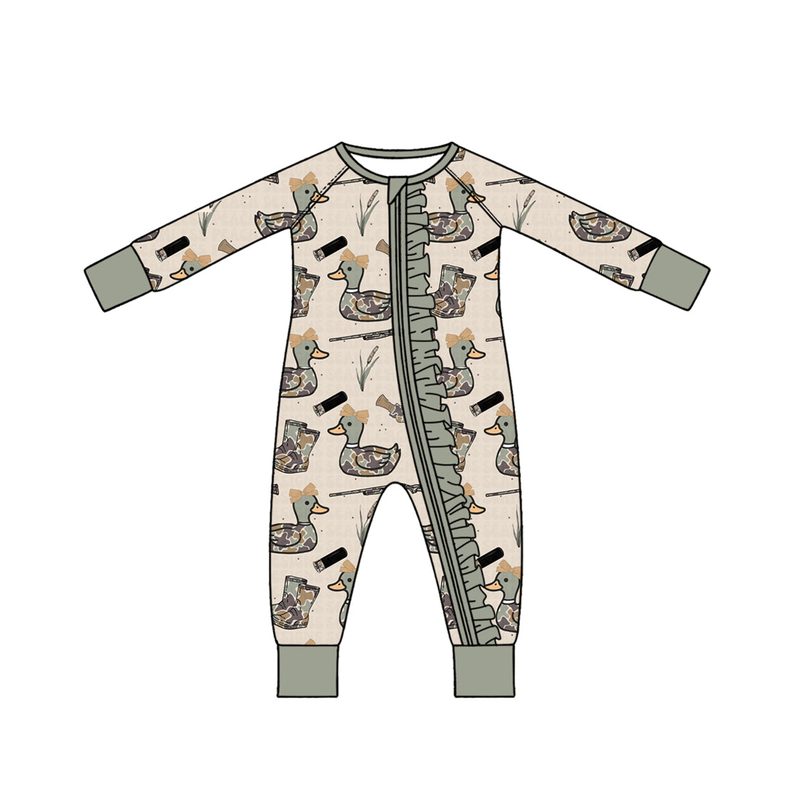(Preorder new) No moq Baby Boys And Girls Duck Print Pajama Set And Zipper Romper Plain And Ruffle Trim