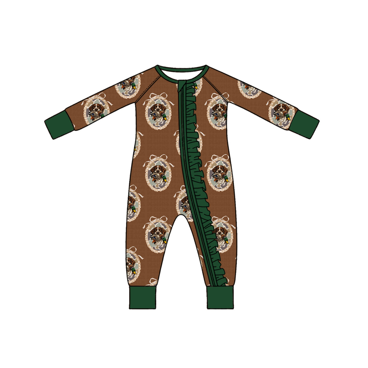 (Preorder new) No moq Baby Boys And Girls Brown Dog Duck Came Print Green Ruffle Cuff Long Sleeve Pajama Set