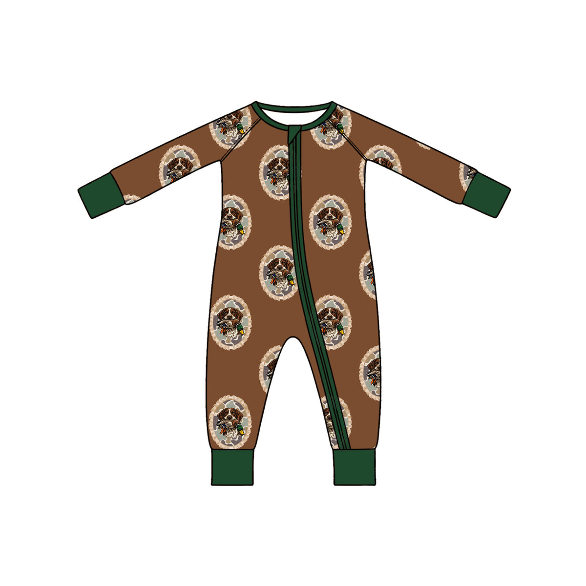 (Preorder new) No moq Baby Boys And Girls Brown Dog Duck Came Print Green Ruffle Cuff Long Sleeve Pajama Set