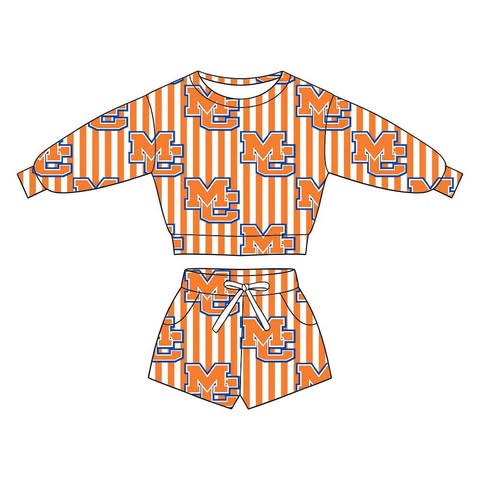 custom moq 5 mix size LRPR0402 Adult Orange Striped Long Sleeve Crew Neck Top Pocket Shorts Set