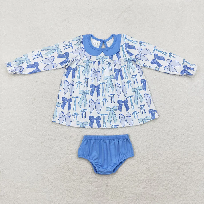 RTS NO MOQ Girls Blue Bows Sibling Fall Outfits Clothes Sets
