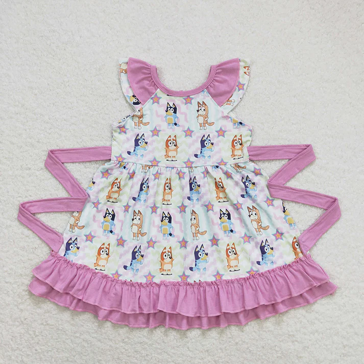 RTS Baby Girls Colorful Dogs Sibling Rompers Bummie Dresses pink color sets with romper match