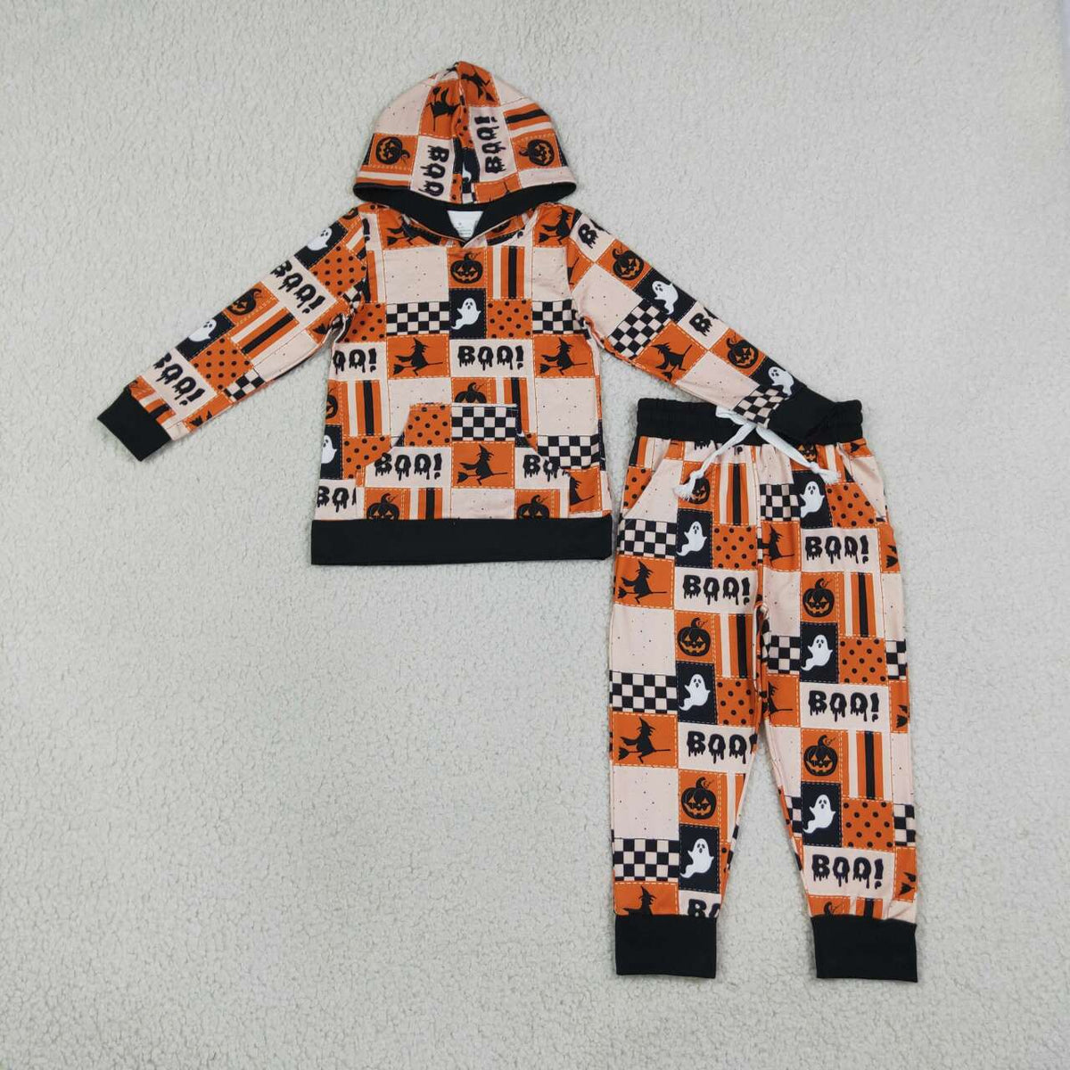 NEW RTS NO MOQ milk silk BLP1544 Baby Boys Ghost Pumpkins Hoodie Pockets Jogger Halloween Set