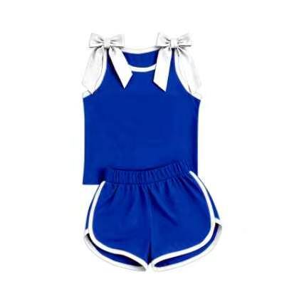 custom moq 5 mix size Baby Girls Blue Sleeveless Tank Top With White Bows Shorts Summer Clothes Set