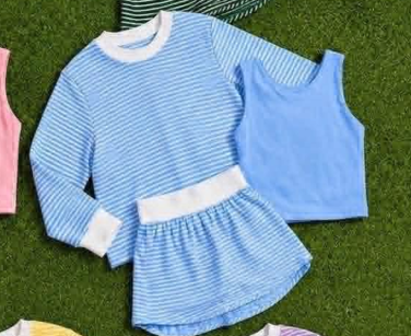 custom moq 5 mix size AATY01 Baby Girls Stripe Three Piece Outfit Set Long Sleeve Crew Neck Top Solid Tank Top And Stripe Skirt Casual Matching Set