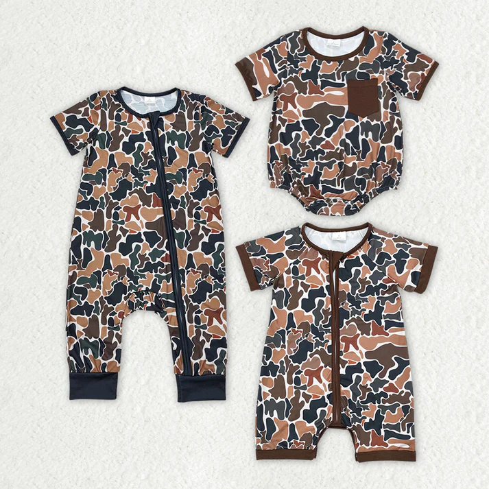 RTS NO MOQ Baby Infant Boys Brown Camo Sibling Rompers