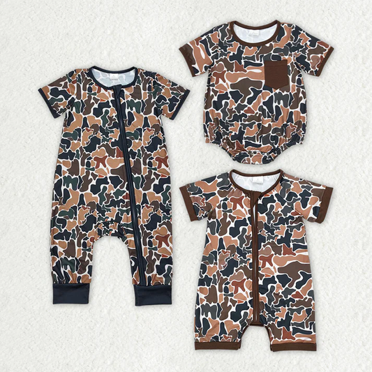 RTS NO MOQ Baby Infant Boys Brown Camo Sibling Rompers