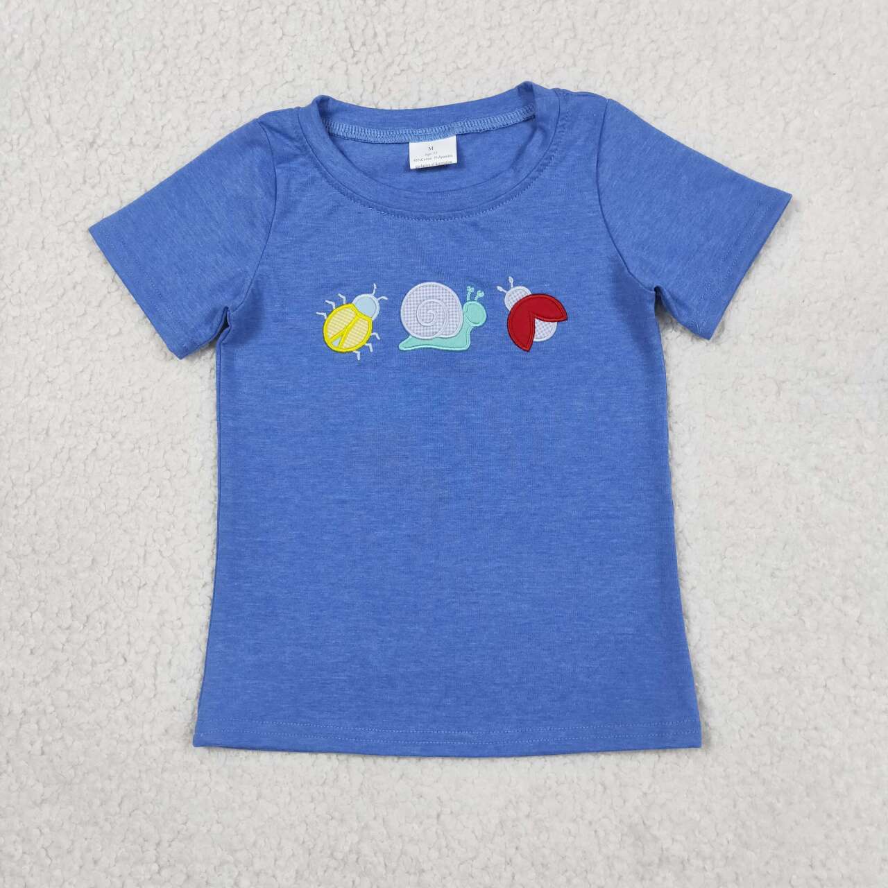 RTS NO MOQ BT1725 Baby Boys Blue Embroidery Ladybirds Snails Short Sleeve T-shirts Top