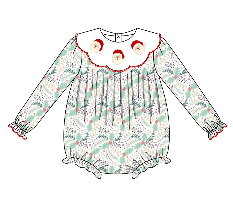 Custom moq 3 eta 6-8weeks  Santa Claus Lace Baby Collar Green Long Sleeve Romper
