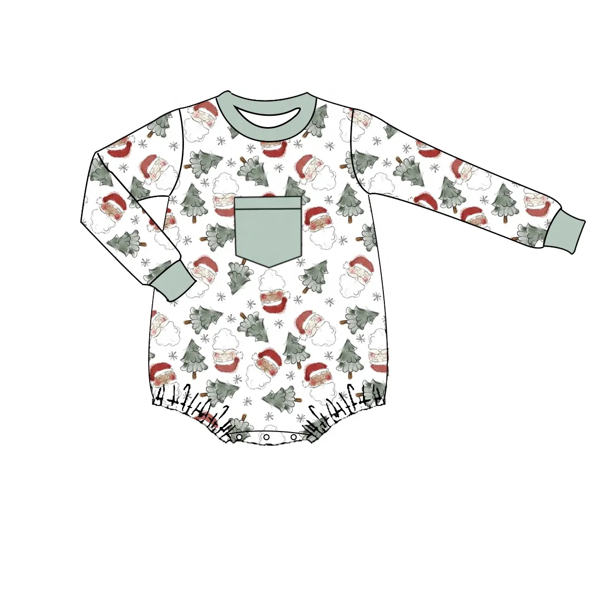 Custom moq 3 eta 7/8week moq 5 eta /4/5week  Gray Green Christmas Tree & Santa Claus White Long Sleeve Short Romper