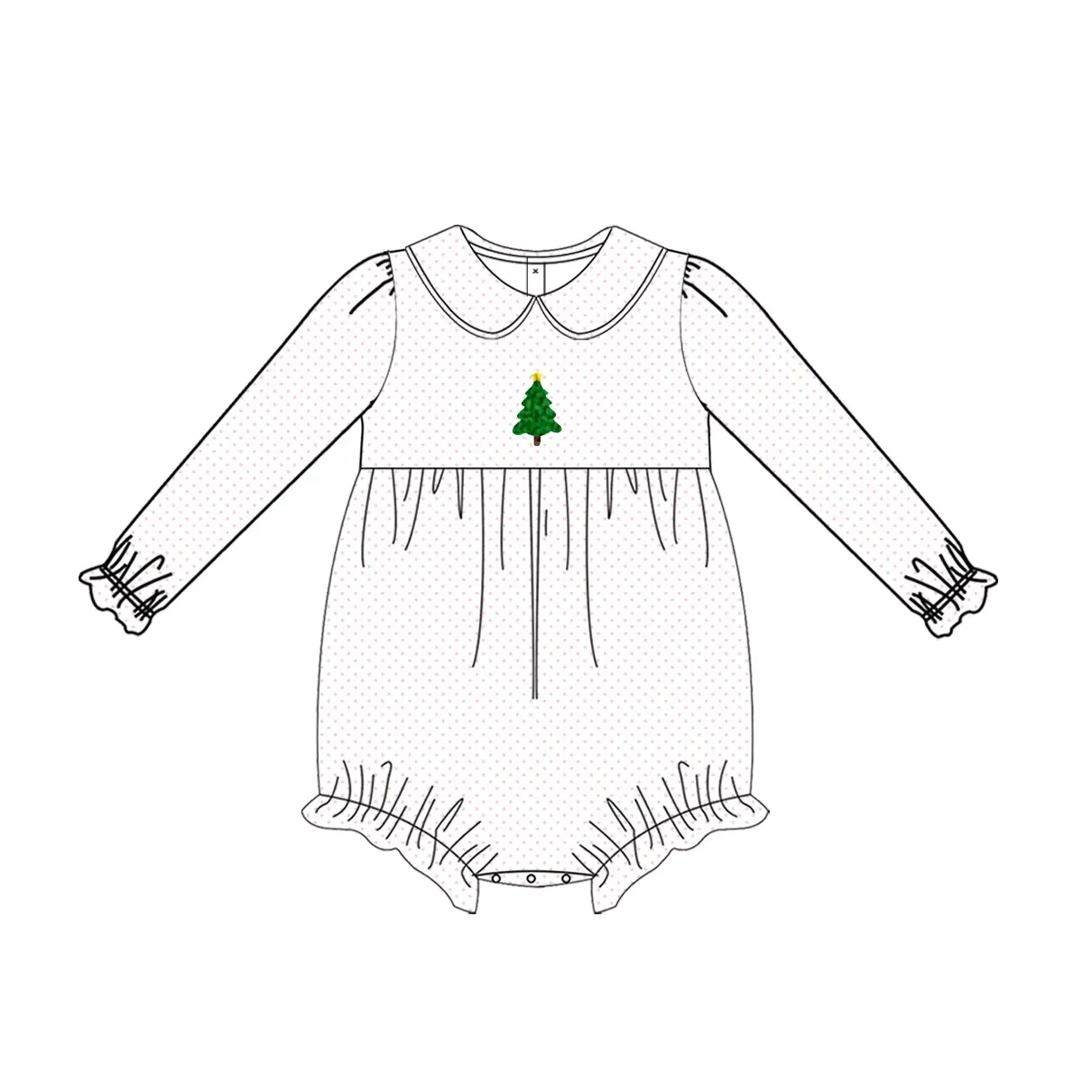 Custom moq 3 eta 7/8week moq 5 eta /4/5week  White long-sleeved short romper with embroidered Christmas tree doll collar
