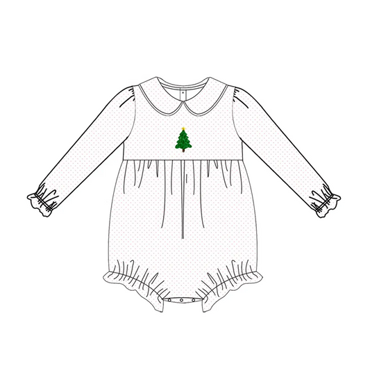 Custom moq 3 eta 7/8week moq 5 eta /4/5week  White long-sleeved short romper with embroidered Christmas tree doll collar