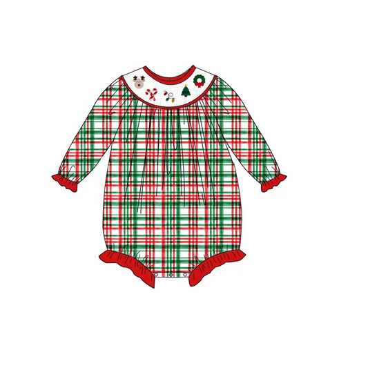 Custom moq 3 eta 7/8week moq 5 eta /4/5week  Red and green irregular lines plaid long-sleeved short romper