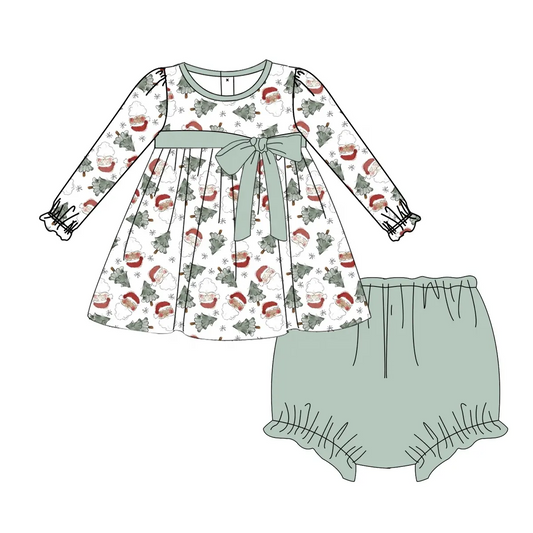 Custom moq 3 eta 7/8week moq 5 eta /4/5week  Gray Green Christmas Tree & Santa Bow White Long Sleeve Thong Set