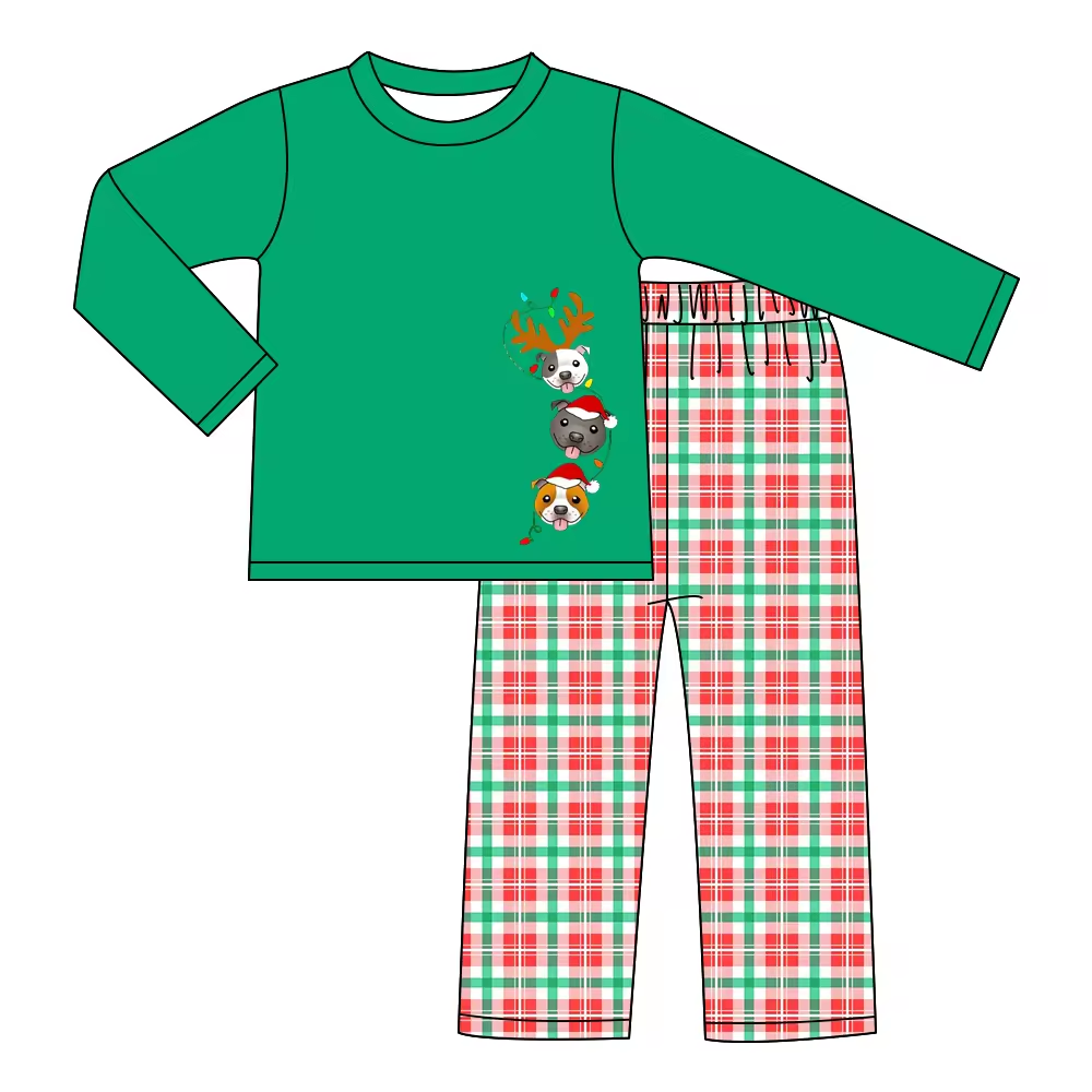 Custom moq 3 eta 6-8weeks Long Sleeve Christmas Puppy Green Regular Cuff Top - Red Plaid Pants Set