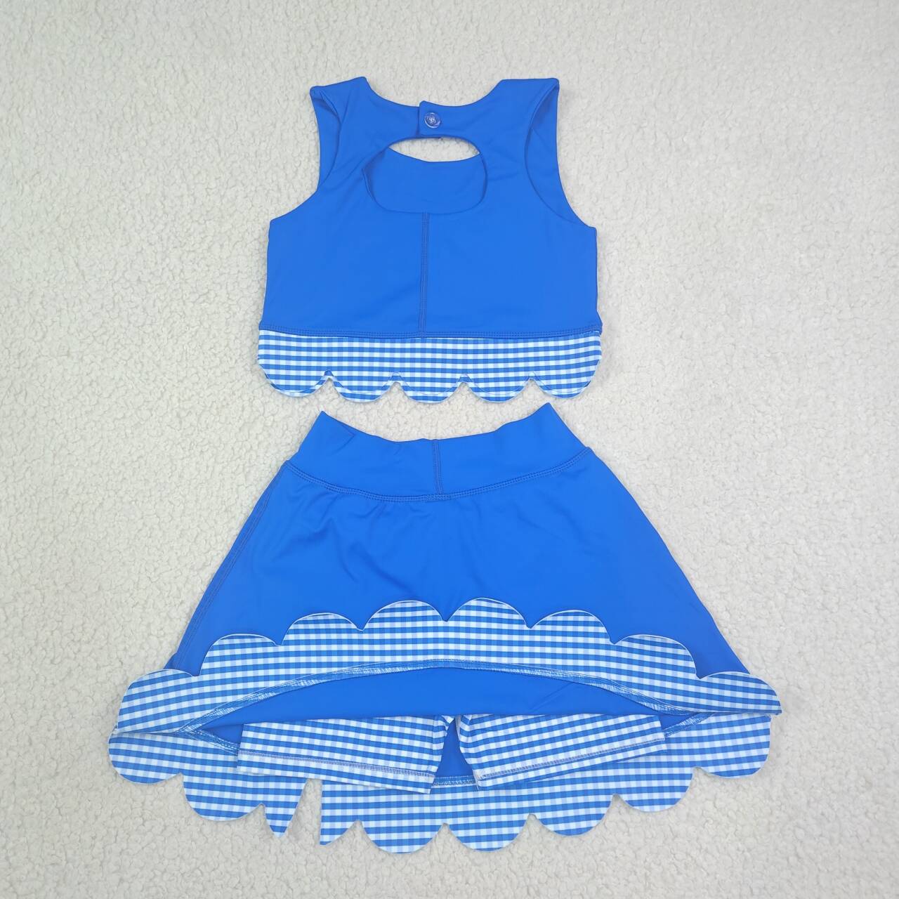 NEW RTS NO MOQ yoga fabric GSD4177 Baby Girls Summer Sleeveless Blue Vest Scallop Skirt Yoga Active Set