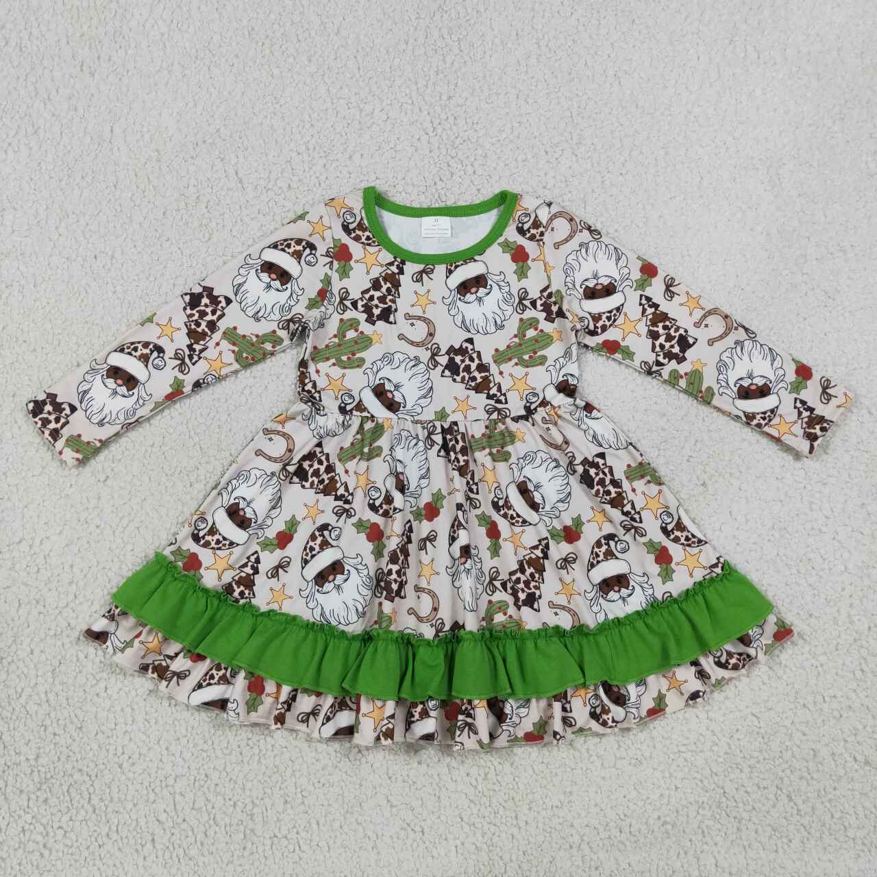 NEW RTS NO MOQ milk silk GLD1213 Baby Girls Cute Long Sleeves Santa Cactus Plaid Ruffle Knee Length Dresses