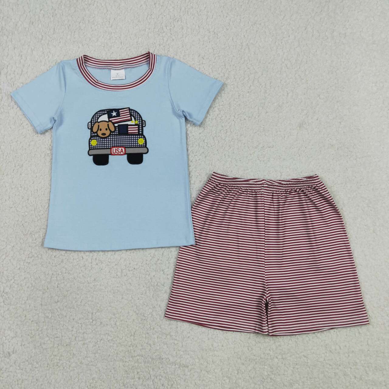 RTS NO MOQ BSSO1918 Baby Boys 4th of July Outfit Set with Embroidery Dog Flag Trucks Top And Stripe Shorts for Toddlers