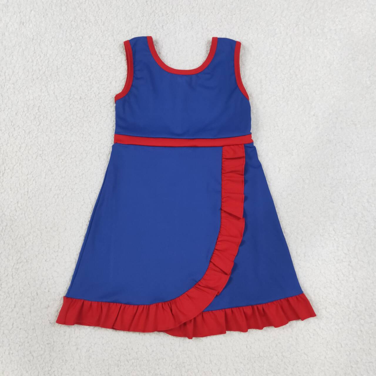 NEW RTS NO MOQ yoga fabric cotton GSD4133 Baby Girls Navy Printed Sleeveless Scallop Yoga Active Short Knee Length Dress