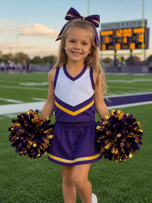 custom moq 5 mix size MAES01 Toddler Girls Purple Gold Color Block V Neck Sleeveless Top Skirt Cheer Set