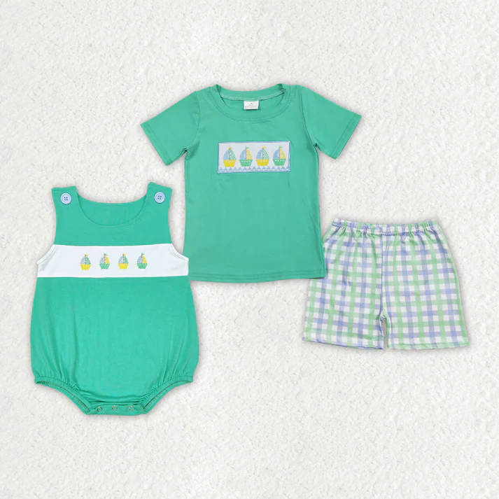 RTS NO MOQ Baby Boys Boats Sibling Rompers Shorts Clothes Sets Embroidered sailboat