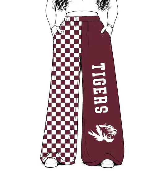 custom moq 5 mix size MATO0101 Adult And Kids Maroon Checked Patchwork Elastic Waist Casual Team Long Pants