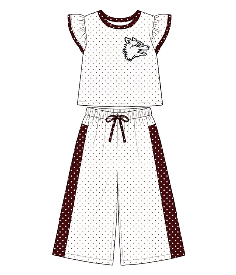 custom moq 5 mix size MATO0102 Baby Girls White Maroon Polka Dot Print Flutter Sleeve Top Bell Bottom Flare Pants Team Clothes Set